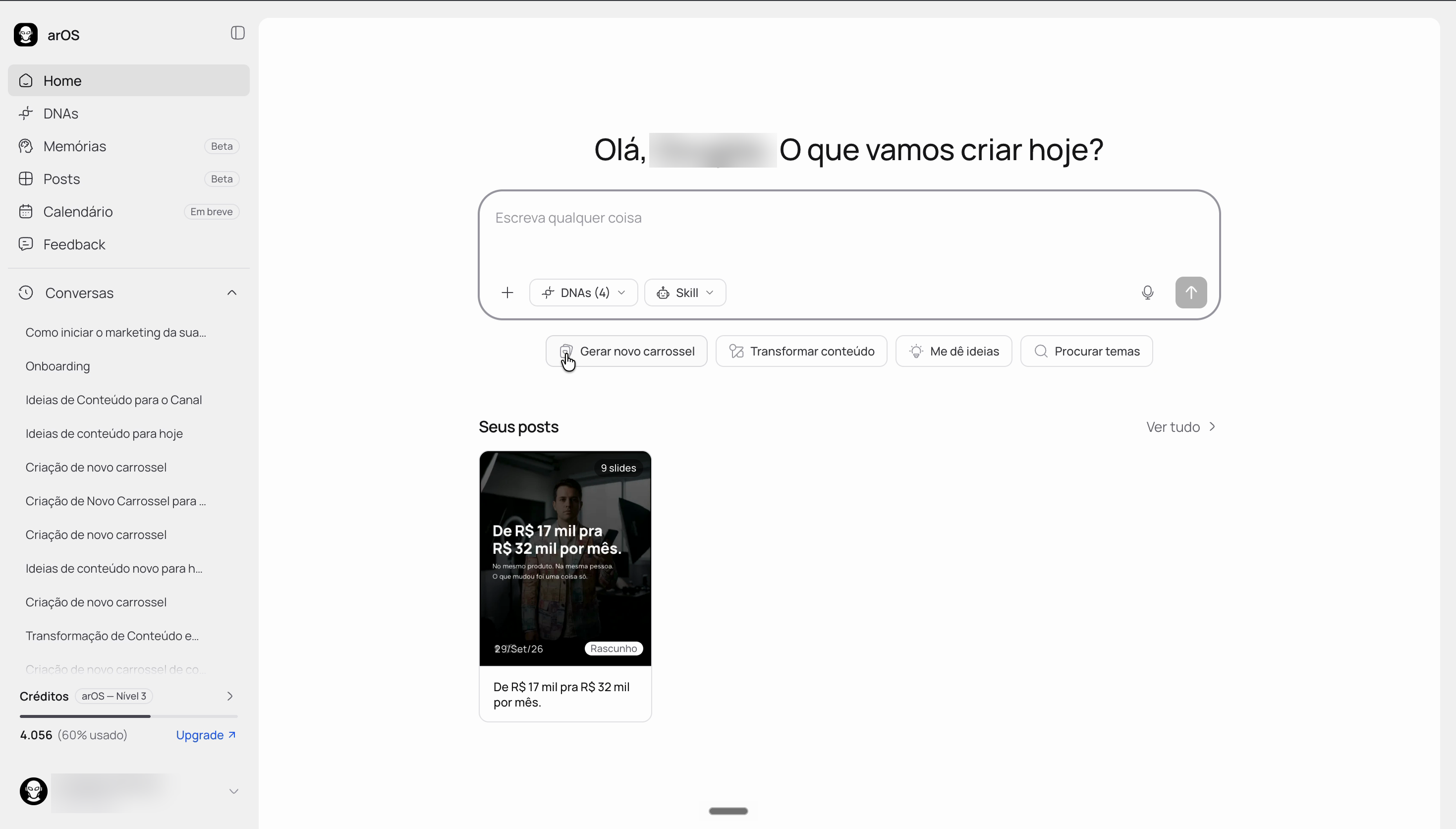 arOS 2.0 home screen: a greeting, a composer with business context and skill selectors, quick actions, and recent posts