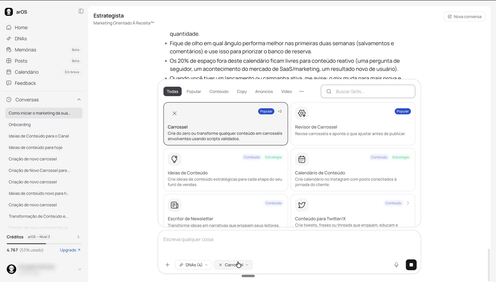 Skill picker with category tabs, search on the right, and a grid of skill cards with tags