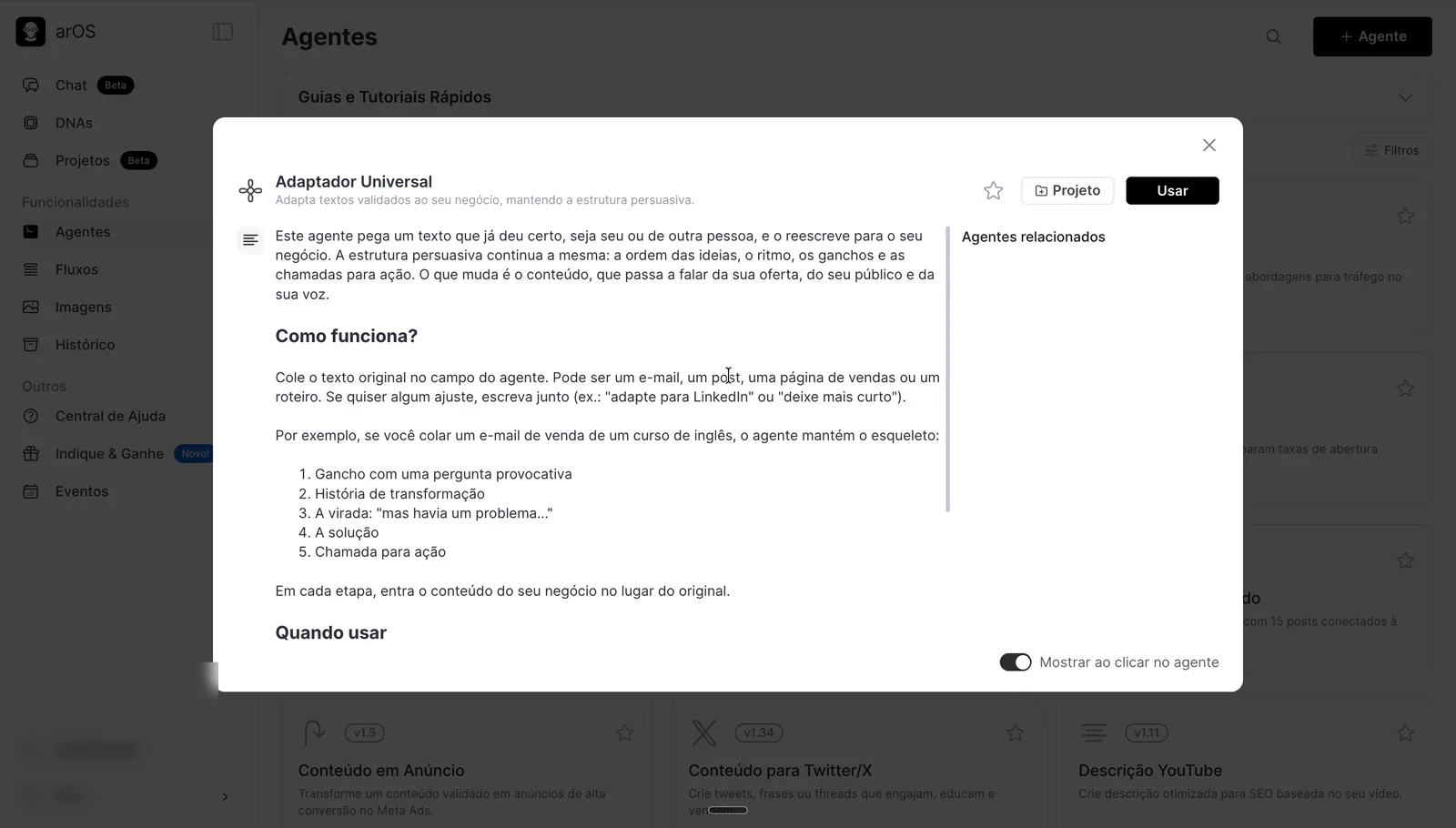 arOS 1.0 info panel explaining when to use an agent