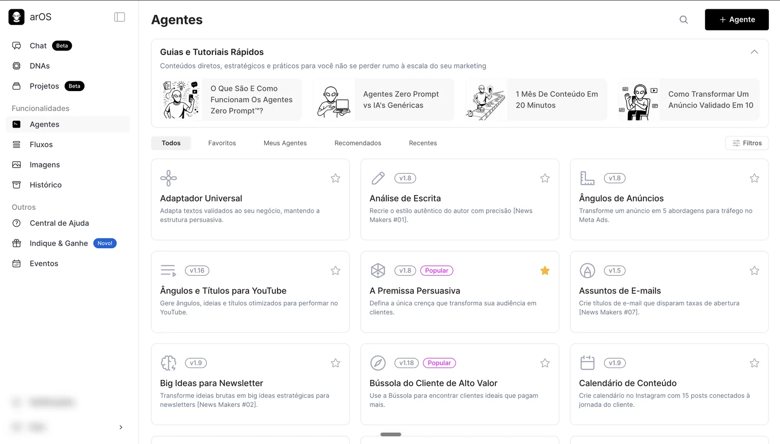 arOS 1.0 agent catalog with filters and tutorial cards