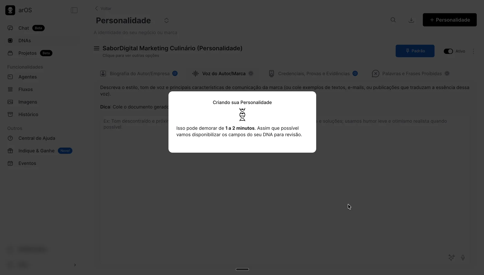 arOS 1.0 loading state while agents generate the DNA
