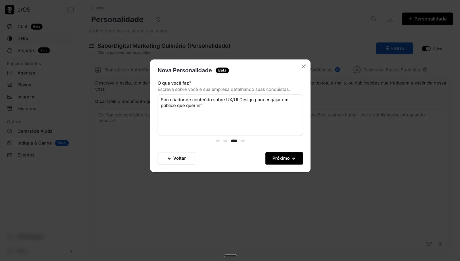 arOS 1.0 step of the guided questionnaire that creates a DNA