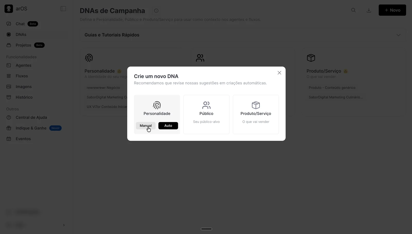 arOS 1.0 dialog to create a new DNA: personality, audience, or product and service