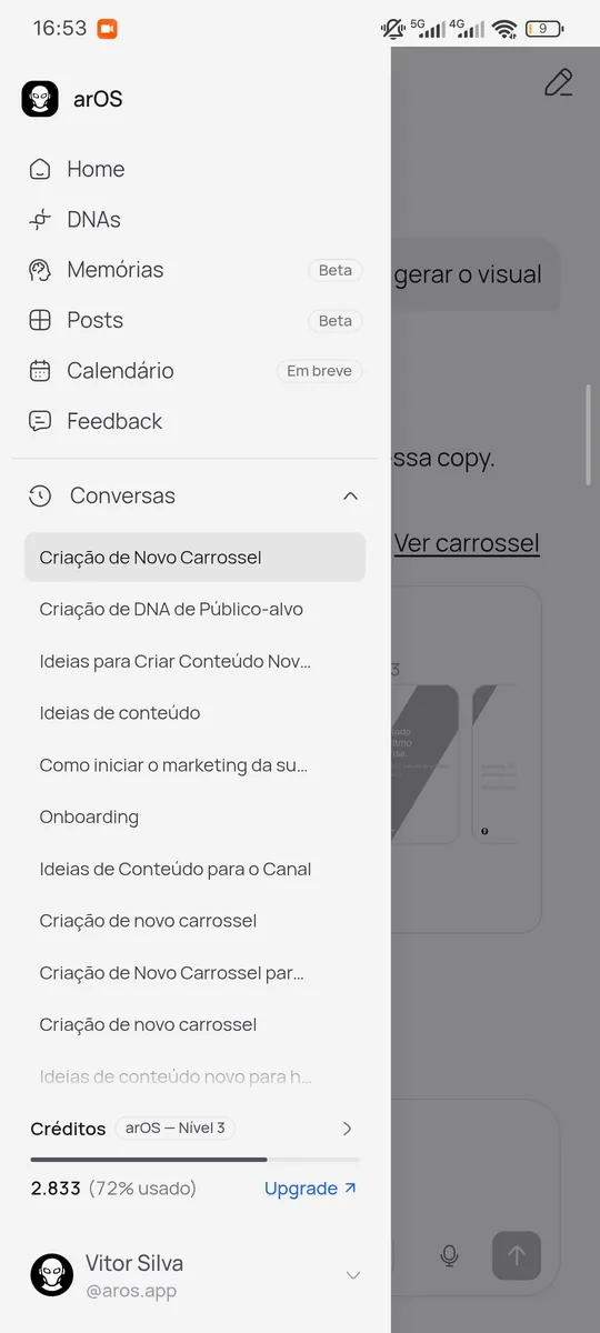 arOS menu on mobile