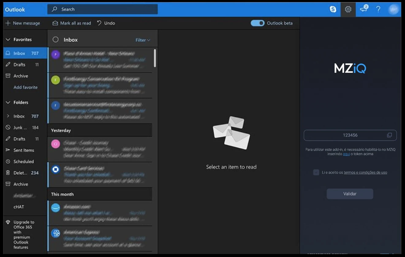 Outlook with the MZiQ add-in open beside the inbox