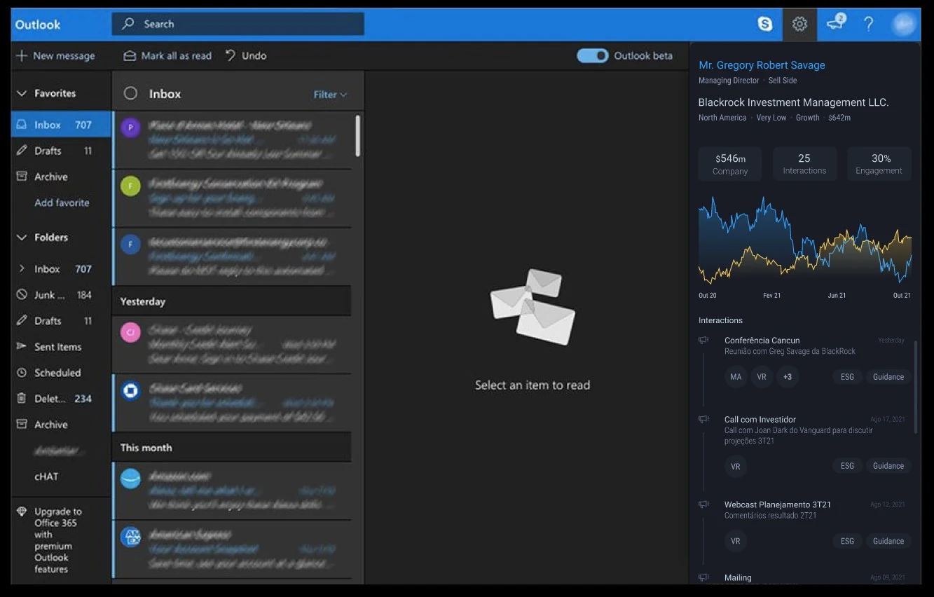 The MZiQ add-in showing the sender's company, position chart, and recent interactions inside Outlook