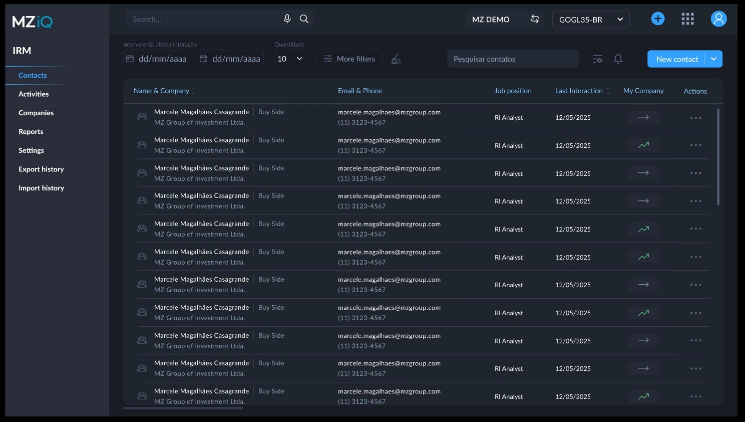 MZiQ IRM contact list in a dark interface: name and company with investor type, email and phone, job position, last interaction, position trend in my company, and actions