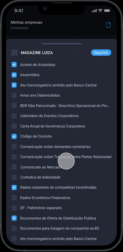 A company bottom sheet with checkboxes for filing categories