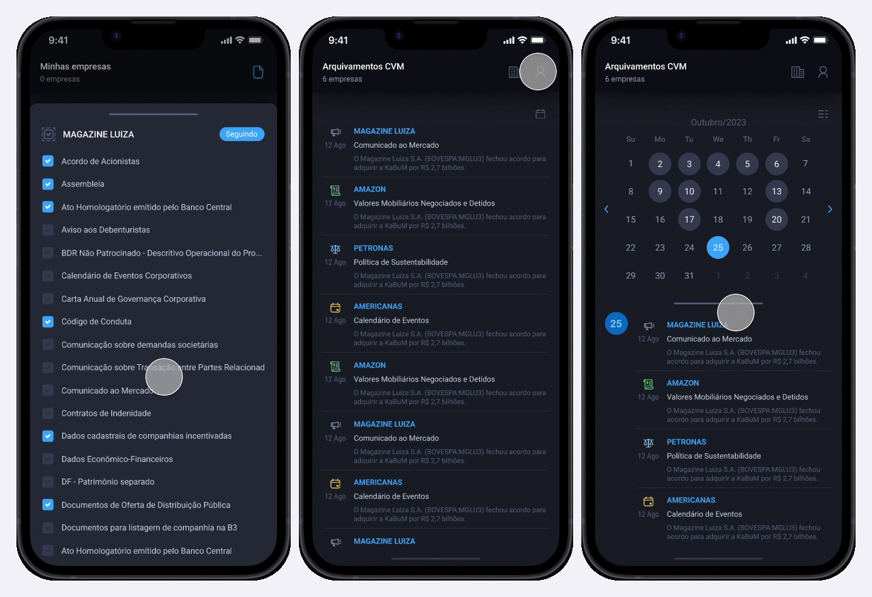 Three actual MZ App screens: a company’s filing categories, the filings timeline, and the publication calendar