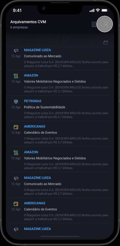 A list of filings showing company, category, date, and summary