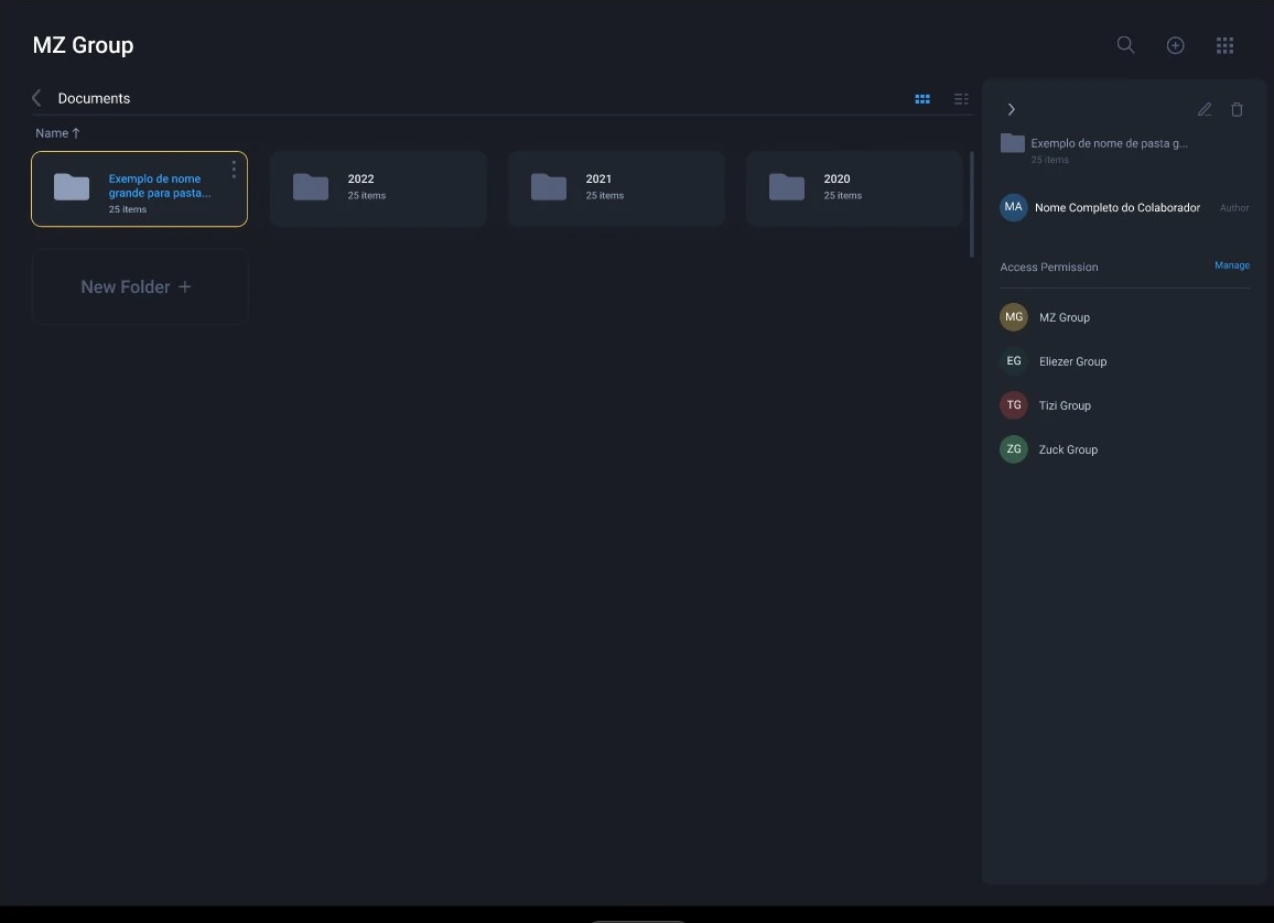 MZ Private documents screen: folders in a grid, a selected folder, and the details panel with its author and the groups that have access
