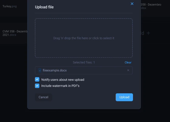 Upload window with a drop area, the selected file, and options to notify users and add a watermark