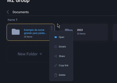 A folder card in the grid with its kebab menu open