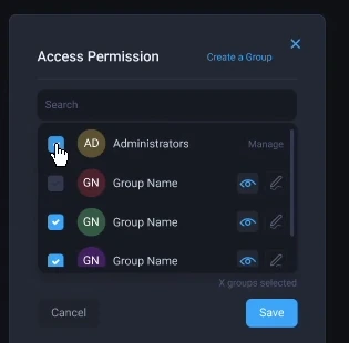 Access permission window listing groups, each with view and edit toggles