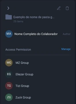 Details panel with the author, the groups with access, and edit and delete actions